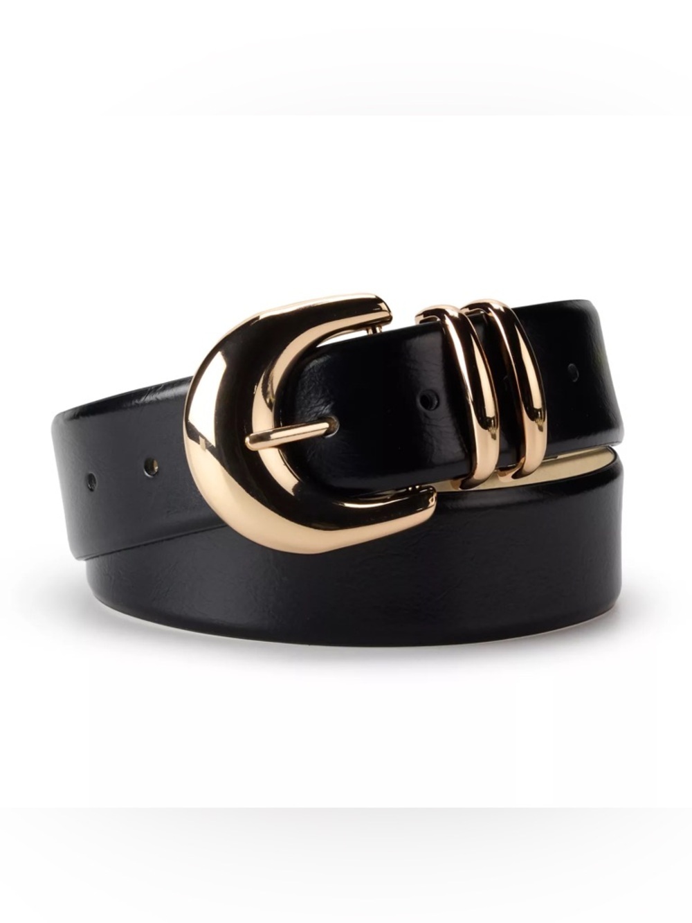 Nine West Black Faux Leather Gold Tone Chunky D-shaped Buckle 40in (Medium) Belt